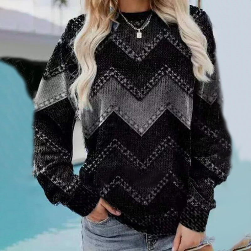 Women's Wavy Denim Print Casual Long Sleeve Sweater