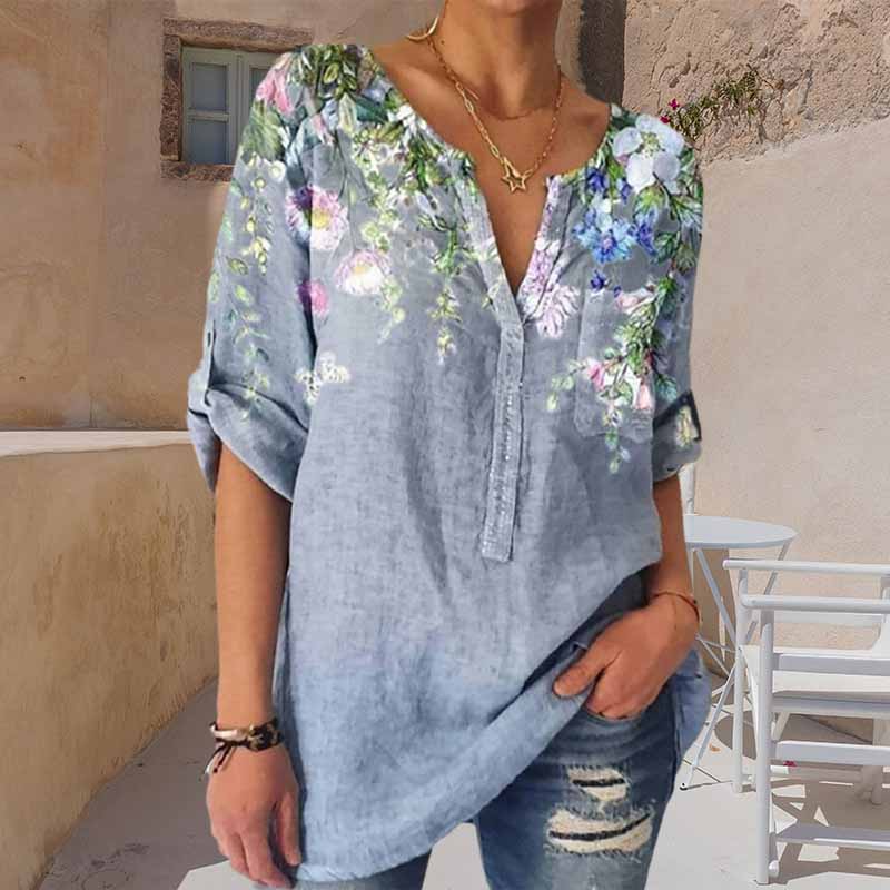 Loose Print V-Neck 3/4 Sleeve Shirt