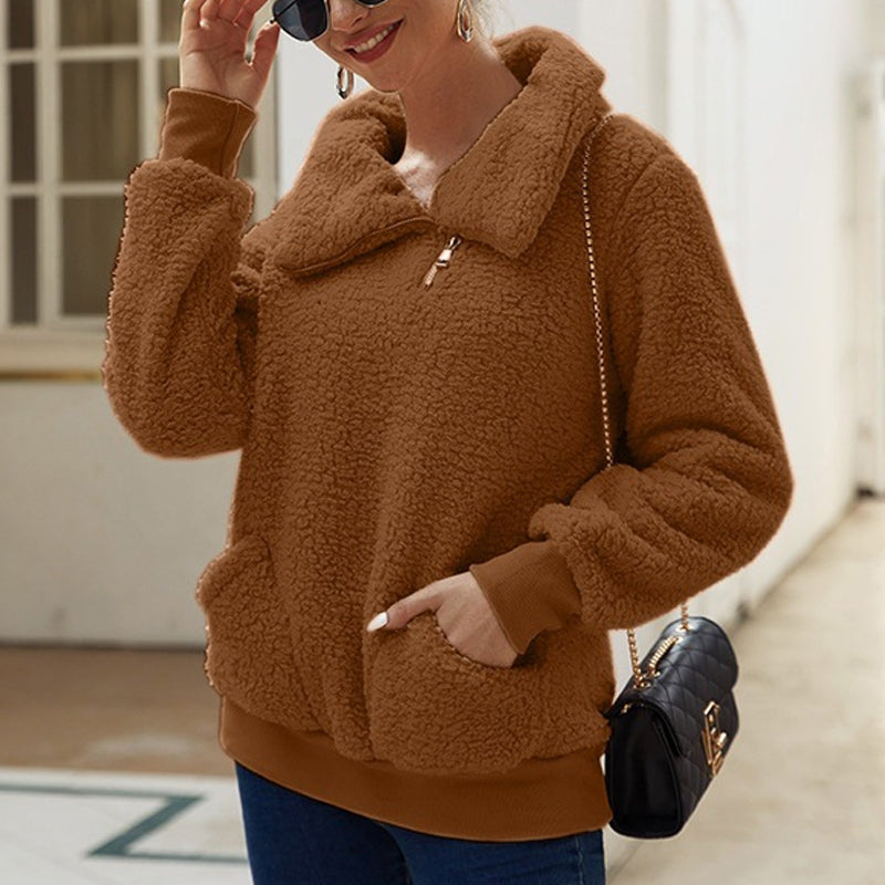Lamb Fleece Asymmetric Lapel Pullover Solid Color Thickened Sweater