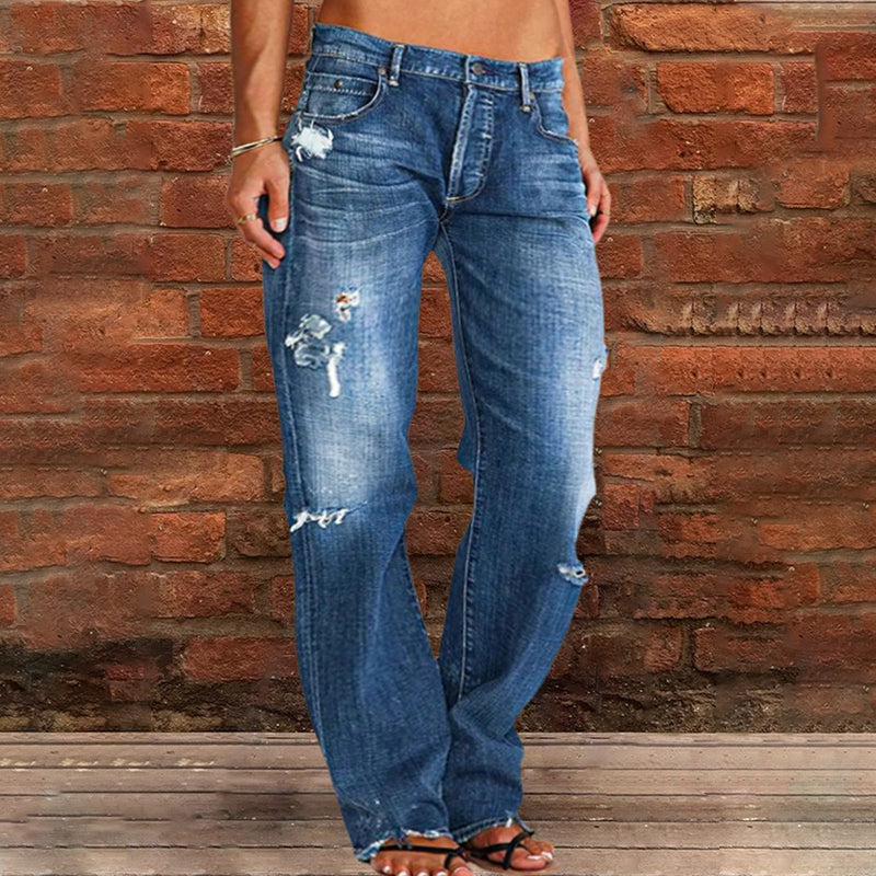 Ripped Low Waist Straight Leg Jeans