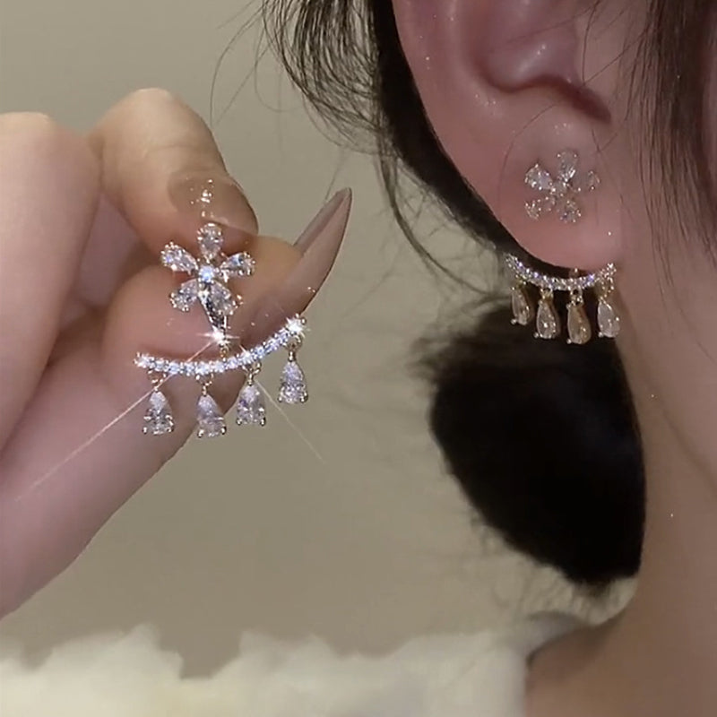 Flower Zircon Tassel Stud Earrings