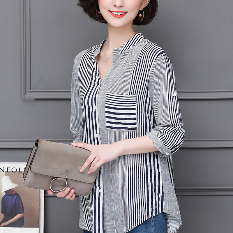 Stripe Print Stand Collar 3/4 Sleeves Blouse
