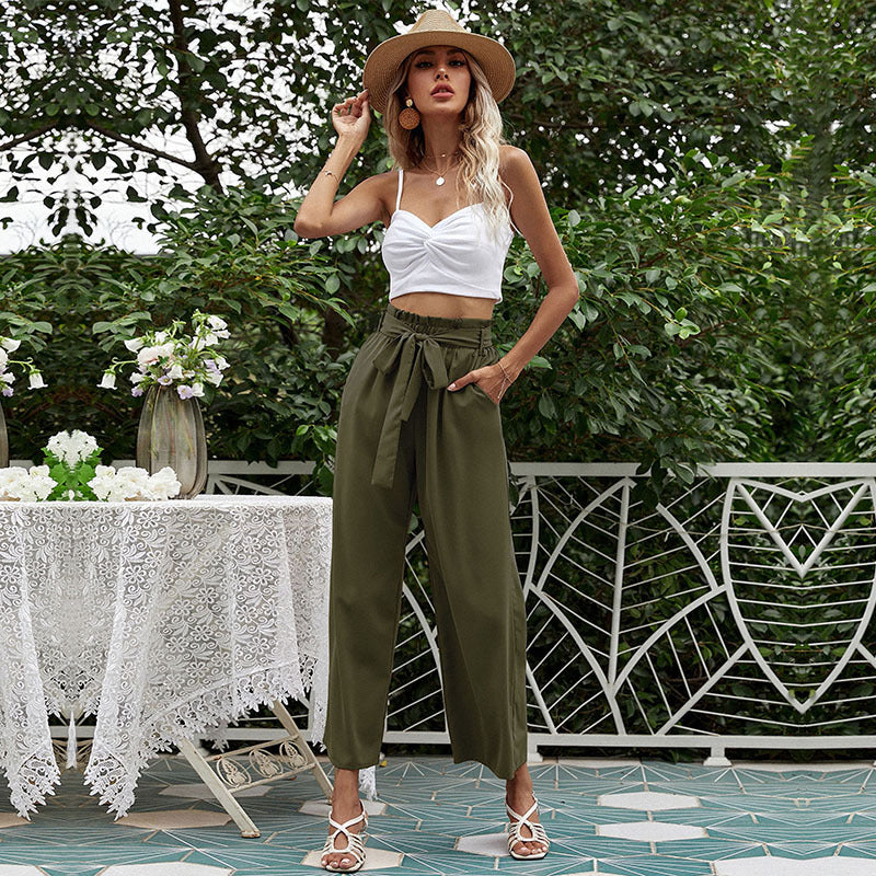 High Waist Solid Color Casual Wide Leg Pants