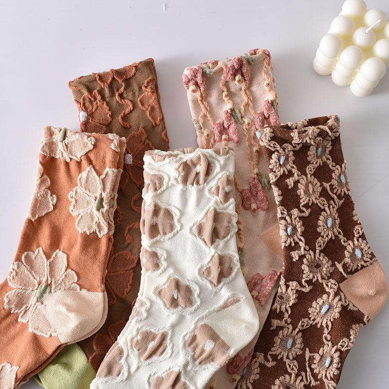 Women's Elegant Embossed Floral Cotton Socks