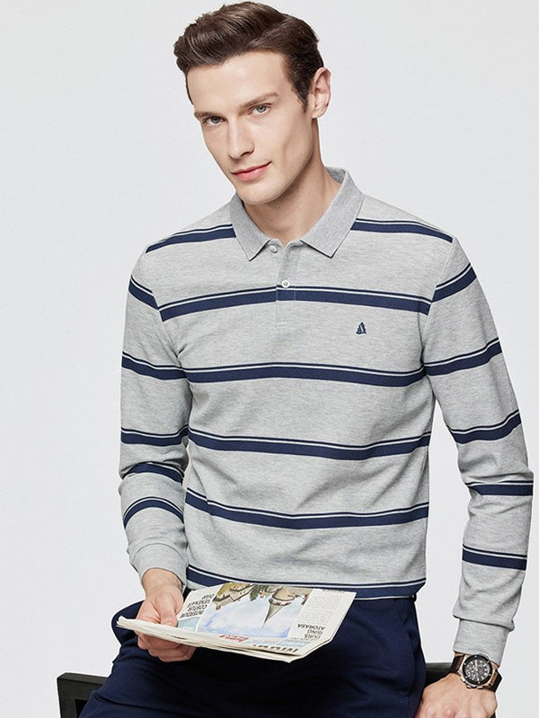 Men's Striped Long Sleeve Lapel Commuting Polo Shirt