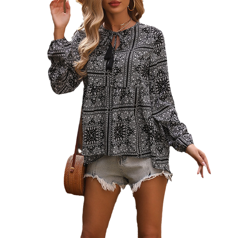 Women's Long-sleeved Printed V-neck Fringed Shirt