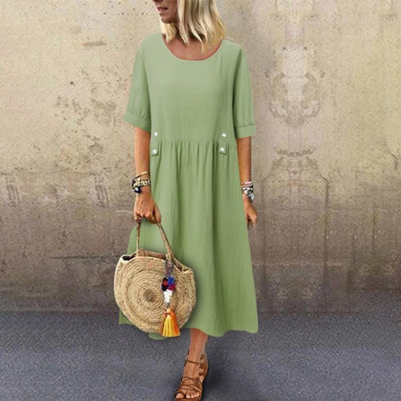 Women's Crew Neck Ruched Button Cotton Linen Dress