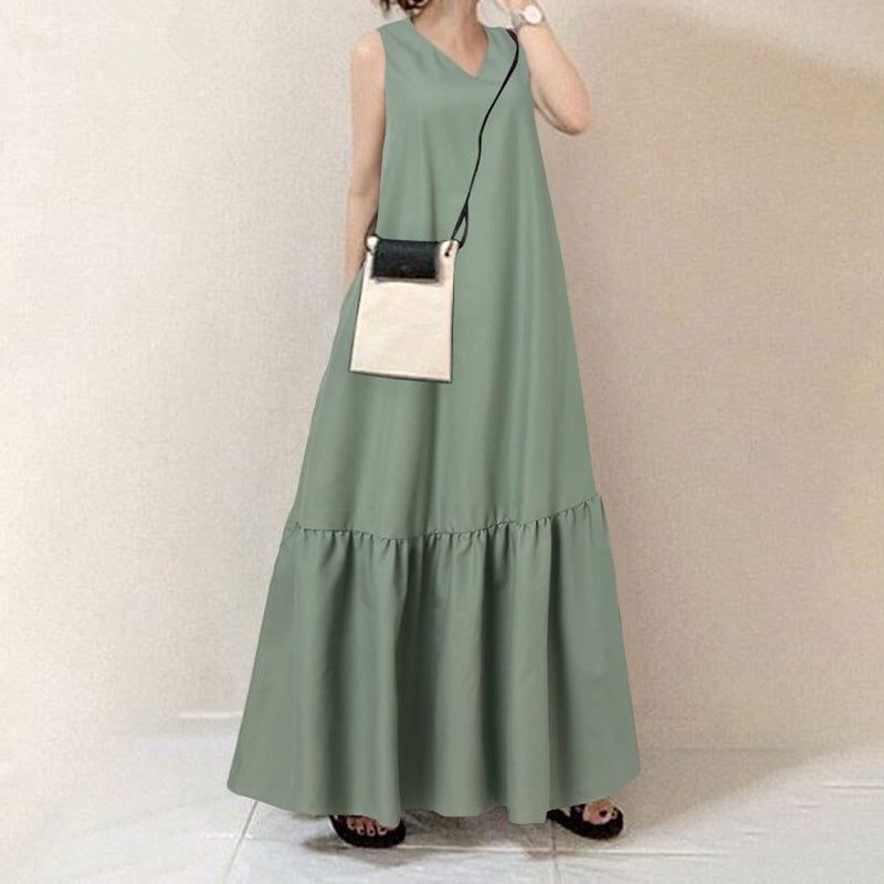 V-Neck Solid Color Sleeveless Pocket Long Dress