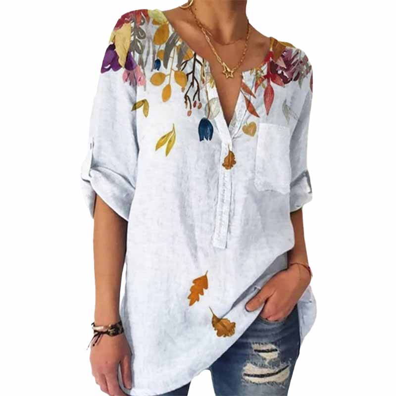 Loose Print V-Neck 3/4 Sleeve Shirt
