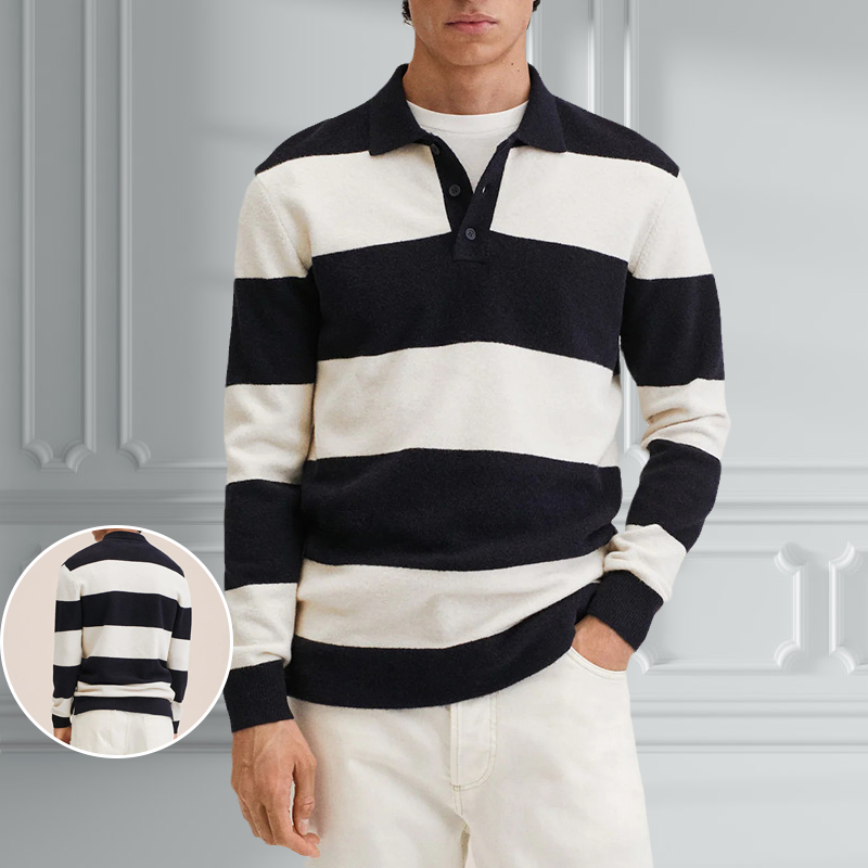 Lapel Half Button Contrast Striped Casual Pullover