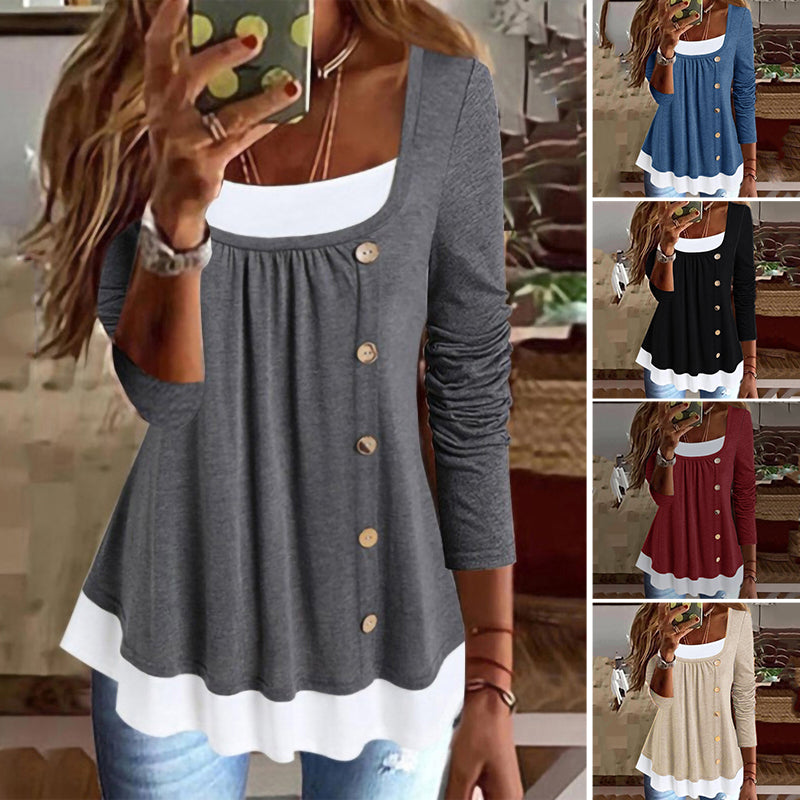 Round Neck Long Sleeve Color Block Button T-Shirt