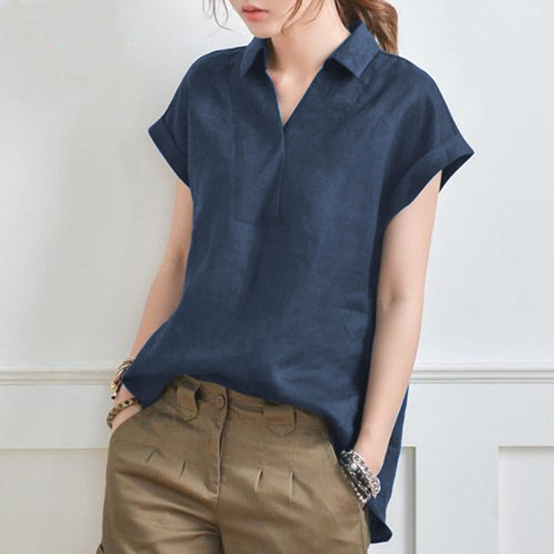 Elegant Loose V-neck Cotton Linen Short Sleeve Shirt