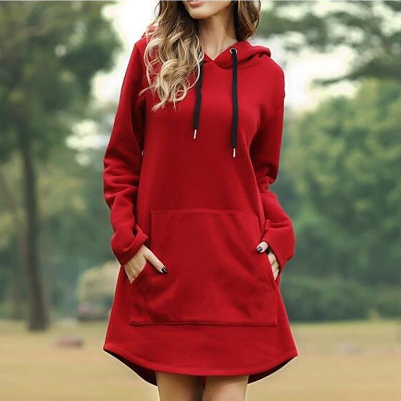 Solid Pocket Long-sleeved Hoody Dress