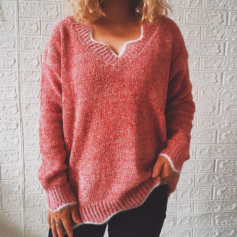 V Neck Long Sleeve Casual Pullover Sweater