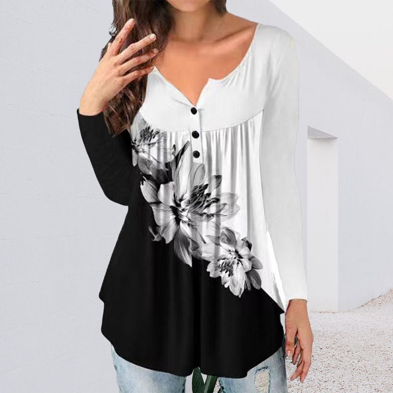 Printed Button Loose Long Sleeve T-Shirt