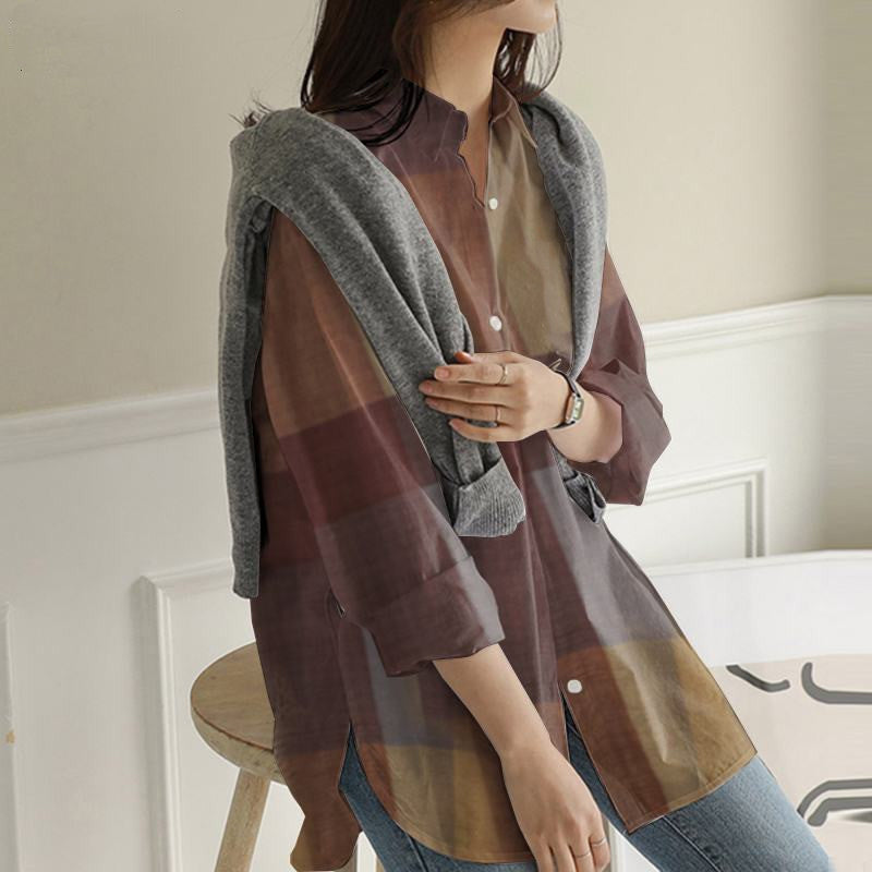 Patchwork Long Sleeve Plaid Irregular Shirt
