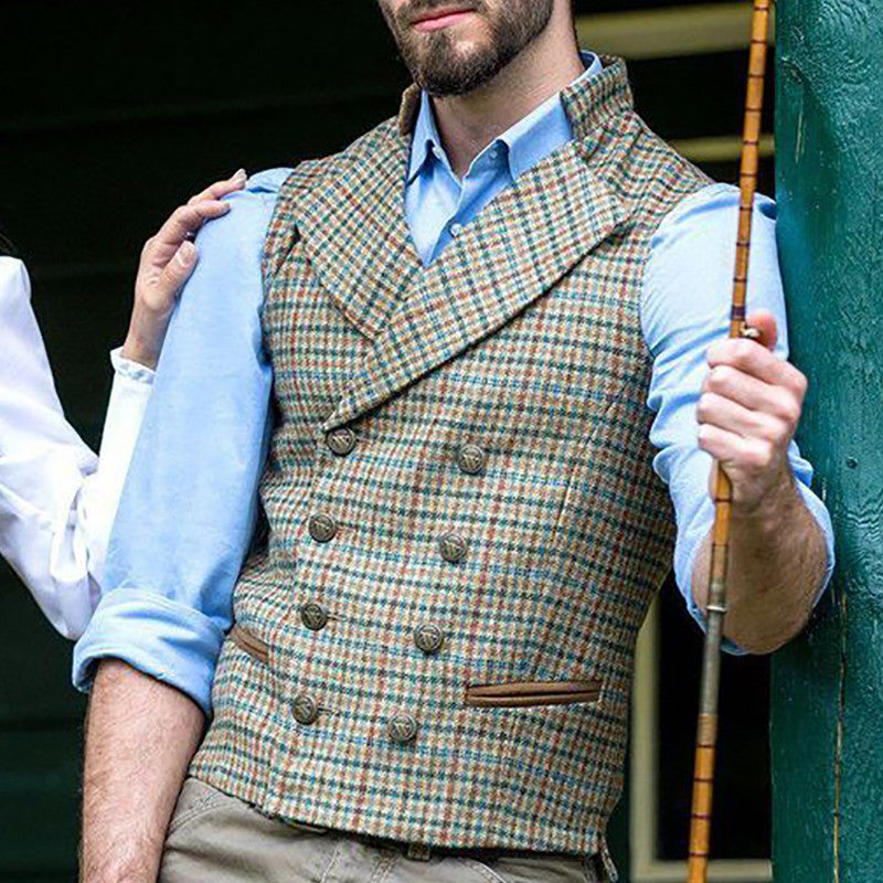 Check Double-Breasted Suit Collar Slim Cargo Vest