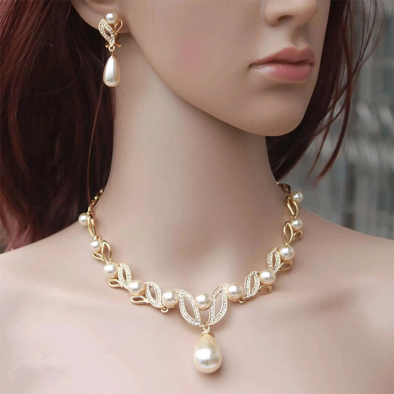 Crystal Diamond Pearl Necklace and Earring Set