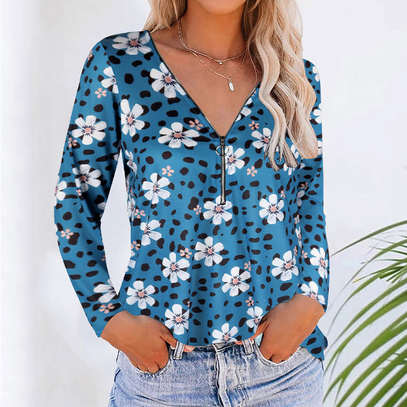 Floral Zipper V-neck Long Sleeves Shirt