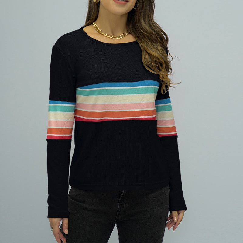 Crew Neck Long Sleeve Rainbow Stripe Panel T-Shirt