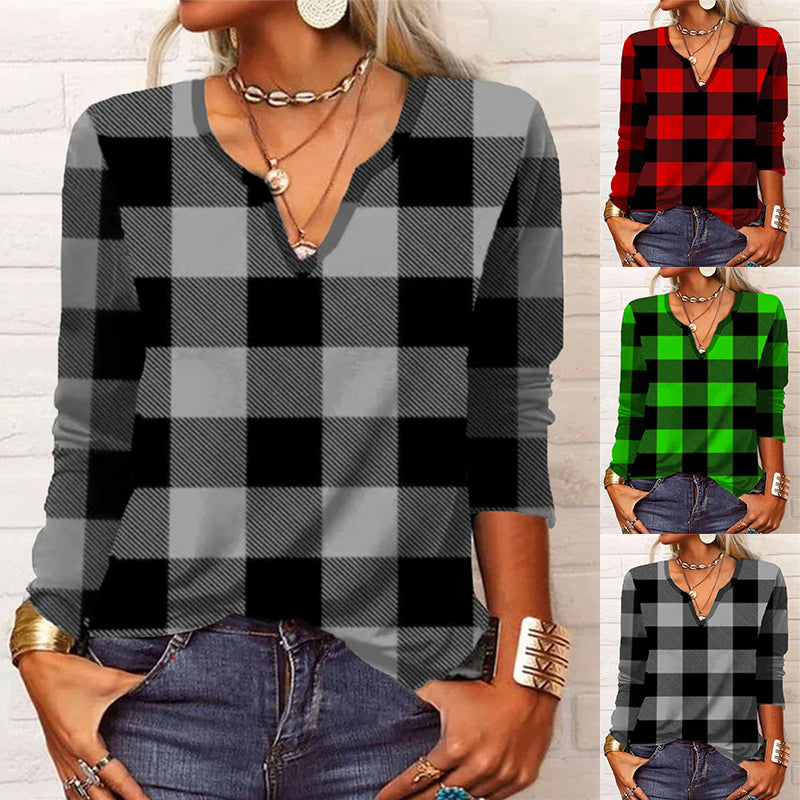 Plaid V-neck T-shirt