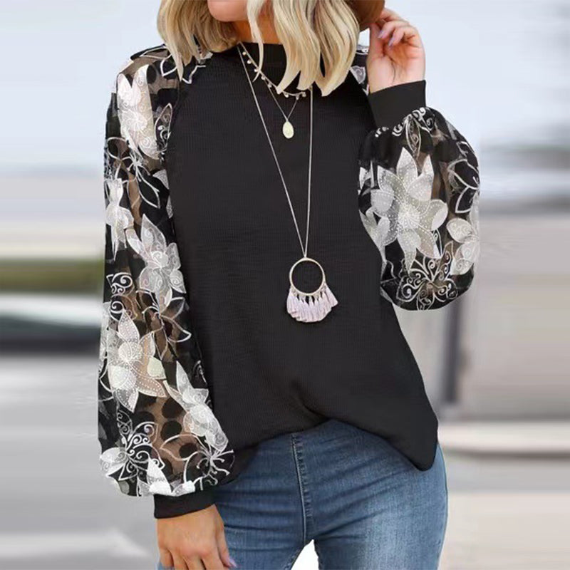 Crew Neck Long Sleeve Print Panel Loose T-Shirt