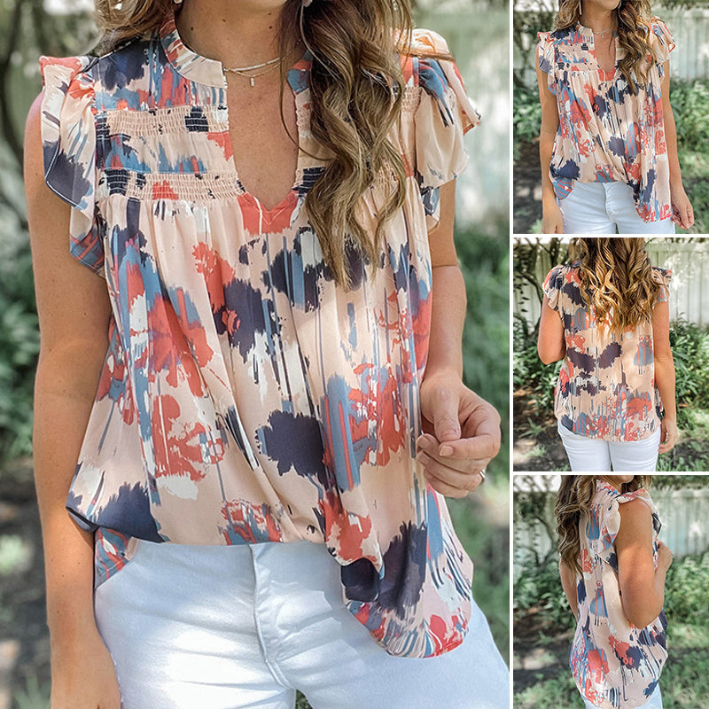 Printed Ruffle Trim V-Neck Chiffon Shirt