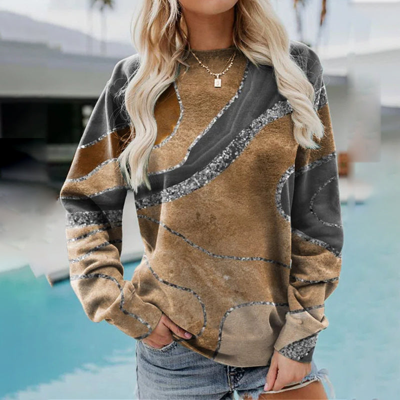 Geometric Loose Print Long Sleeve Crew Neck Sweatshirt