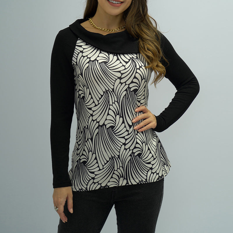 Ladies Long Sleeve Lapel Wave Pattern T-shirt