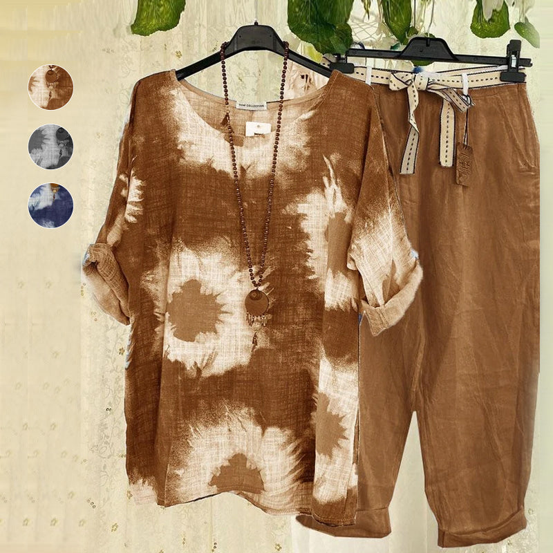 Cotton and Linen Print Casual Two-piece Set