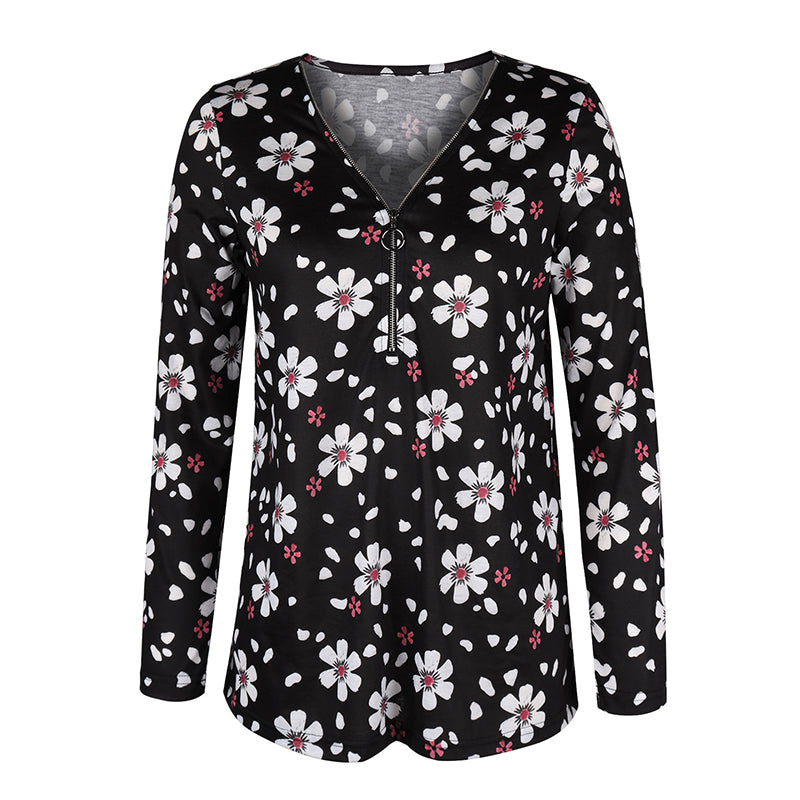 Floral Zipper V-neck Long Sleeves Shirt