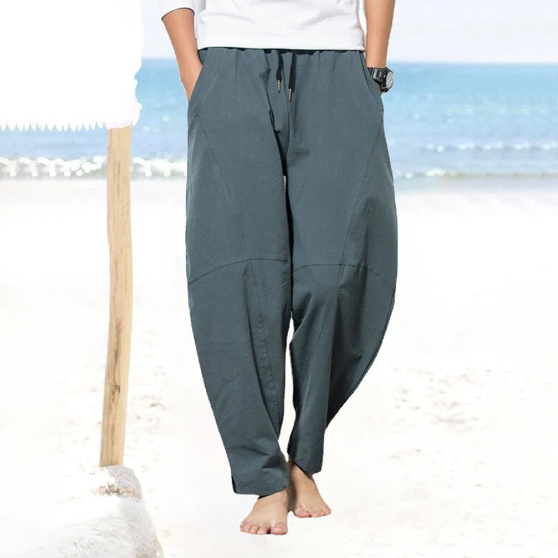 Men's Solid Color Patchwork Cotton Linen Trousers