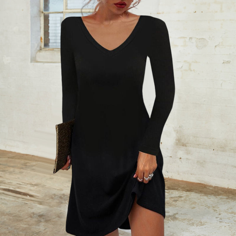 Solid Color Casual Deep V Dress