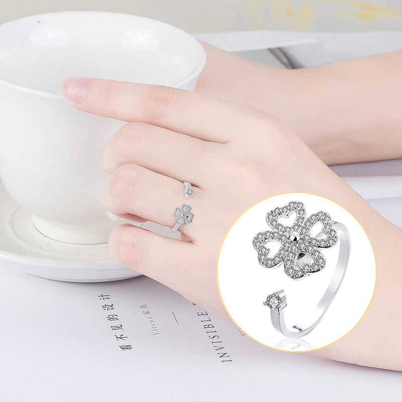 Four Leaf Heart Shape Adjustable Rotating Ring