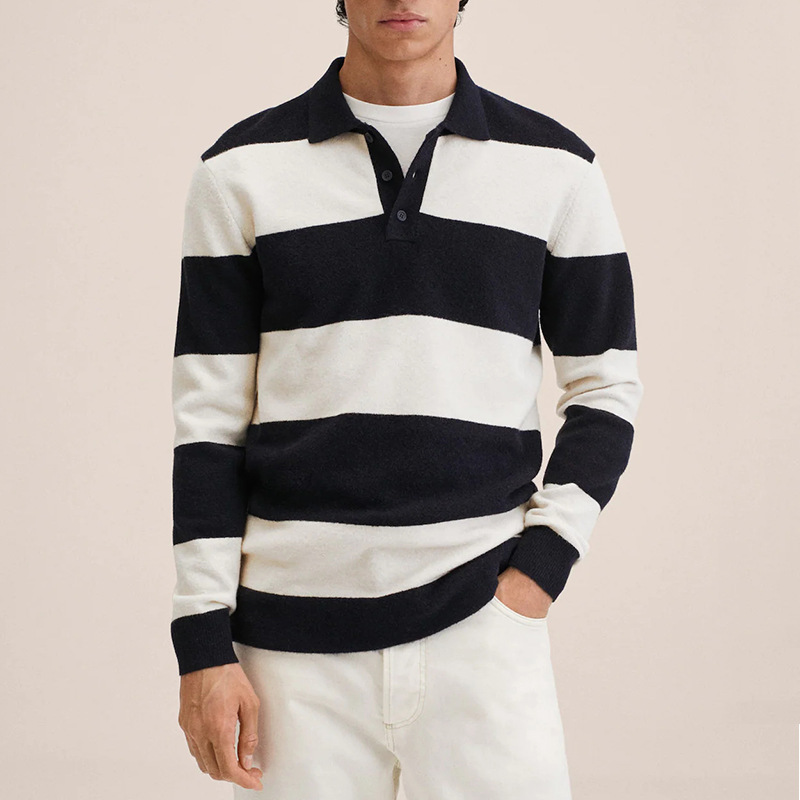 Lapel Half Button Contrast Striped Casual Pullover