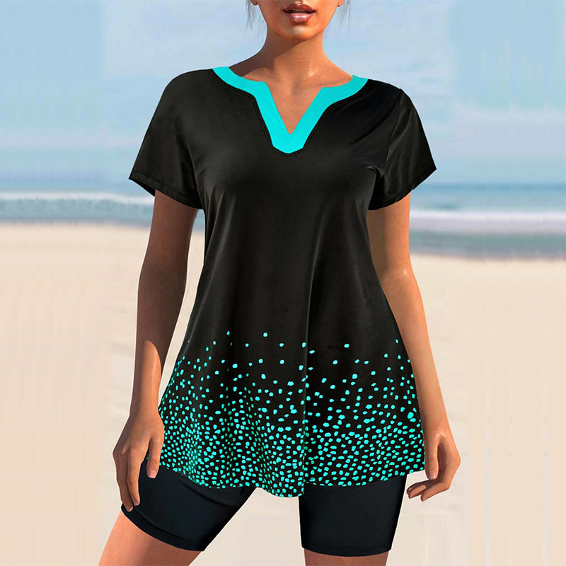 Conservative V Neck Polka Dot Swimsuit