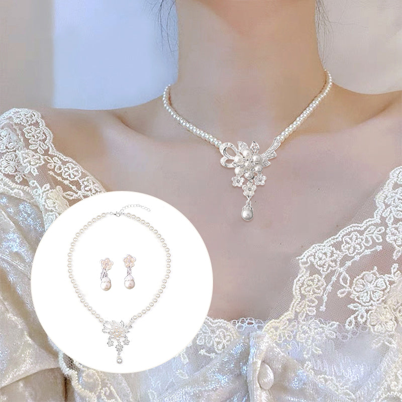 Crystal Diamond Pearl Necklace And Earring Set