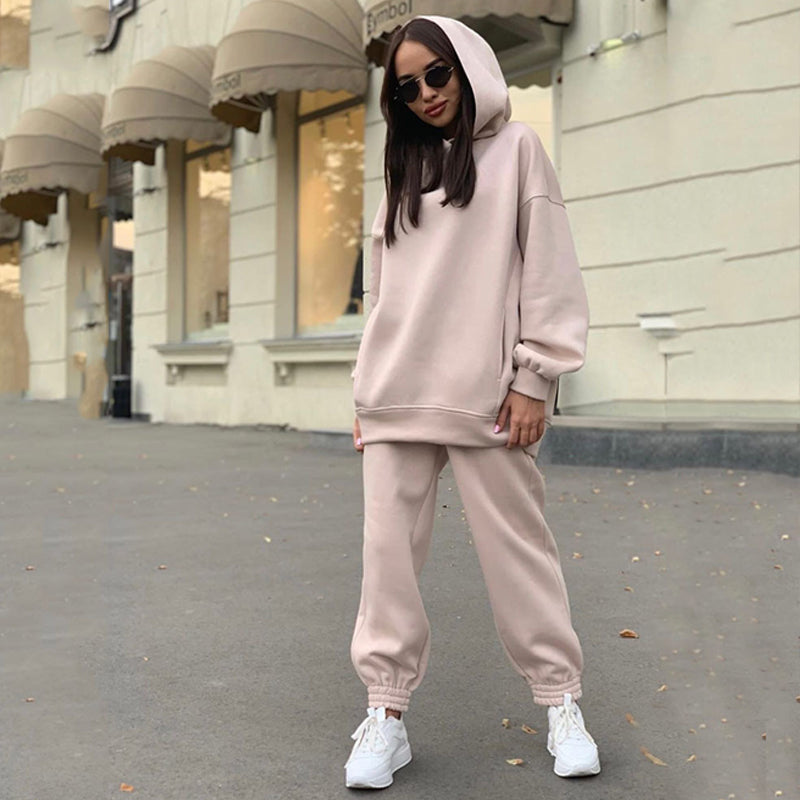 Women's Autumn/Winter Solid Color Hoodie Two Piece Set
