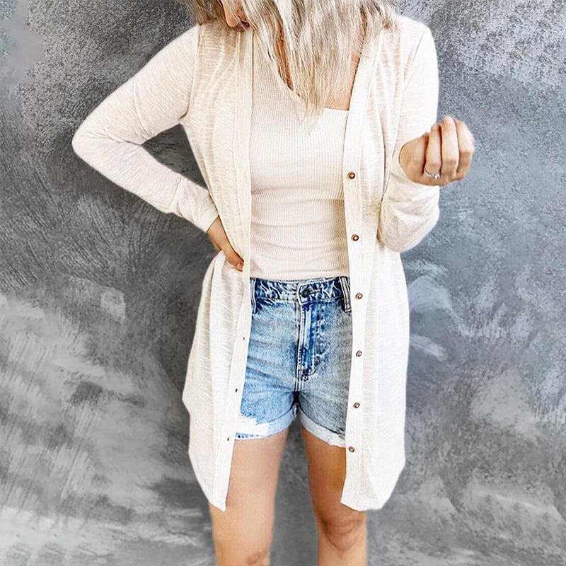 Button Solid Long Sleeve Cardigan