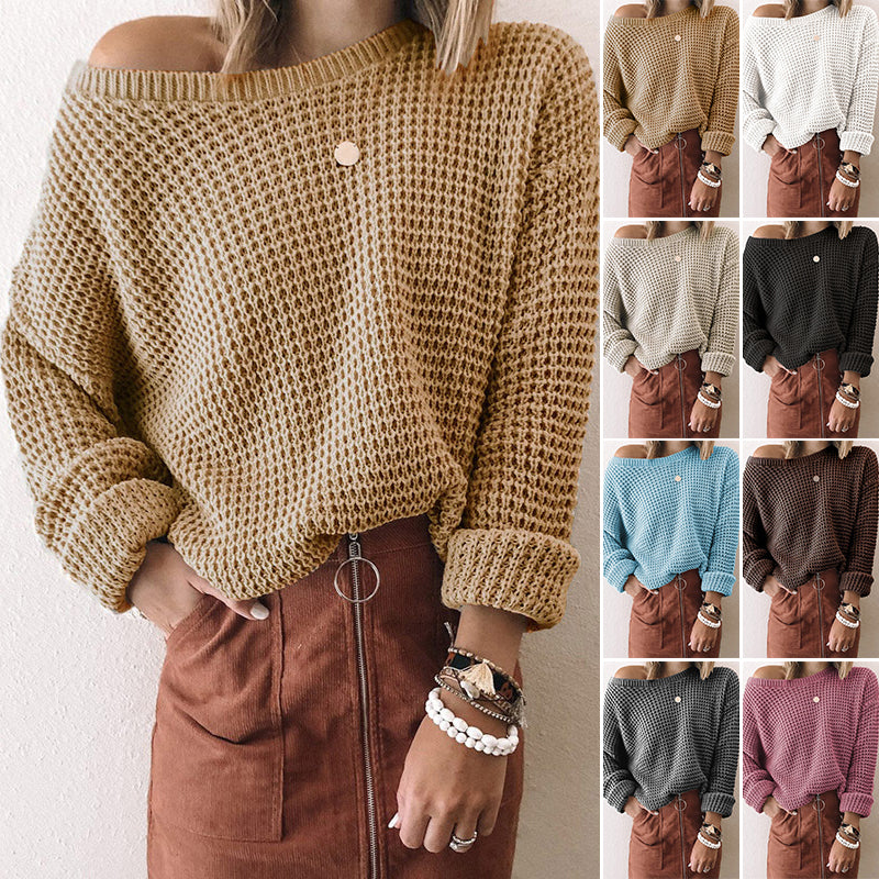 Ladies Solid Color Loose Diagonal Collar Long Sleeve Sweater