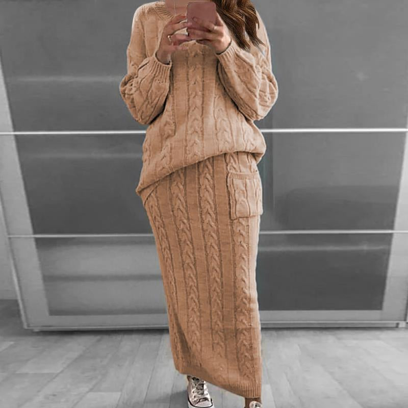 Cable Knit Patched Pocket Skirt Set
