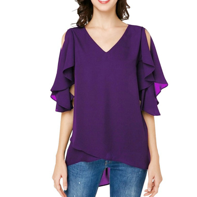 Women's Leaky Shoulder Lotus Leaf Sleeves Chiffon Top