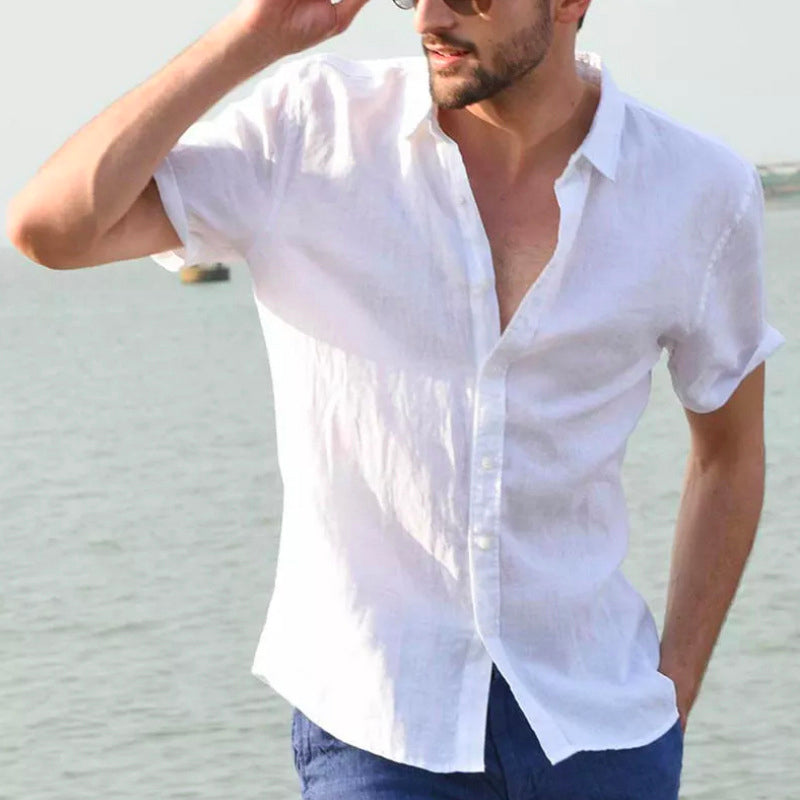 Linen Lapel Solid Color Short Sleeve Shirt