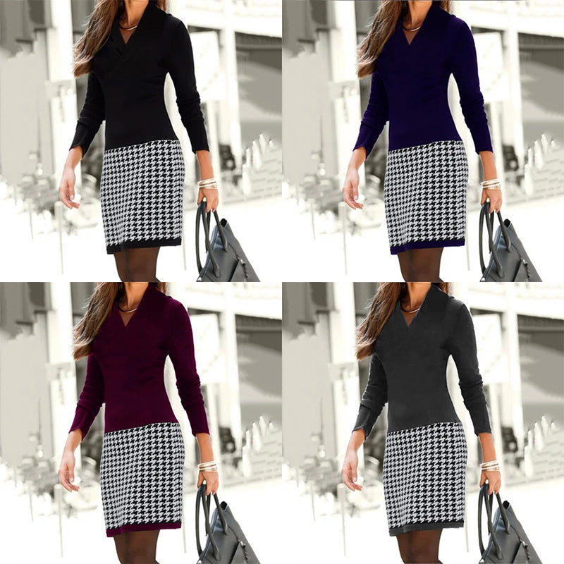 Long Sleeve V-neck Color Block Dress