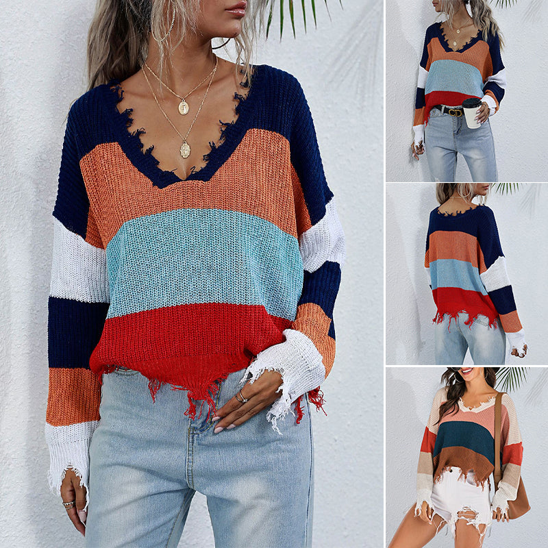 V-neck Irregular Frayed Cropped Sweater