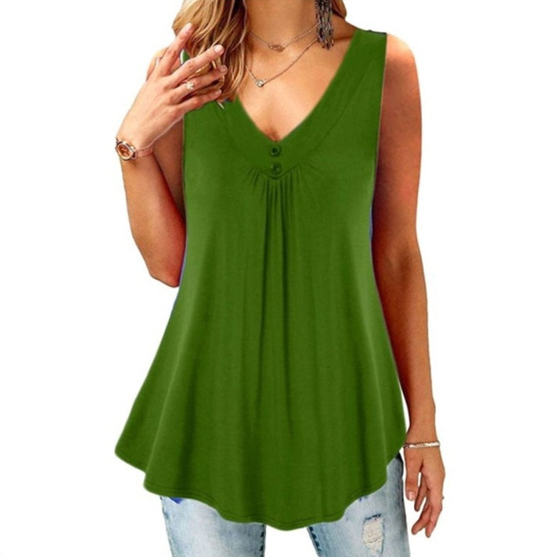 Solid V-Neck Pleated Button T-Shirt