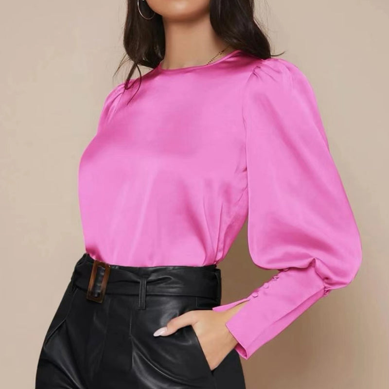 Crew Neck Button-Up Satin Shirt