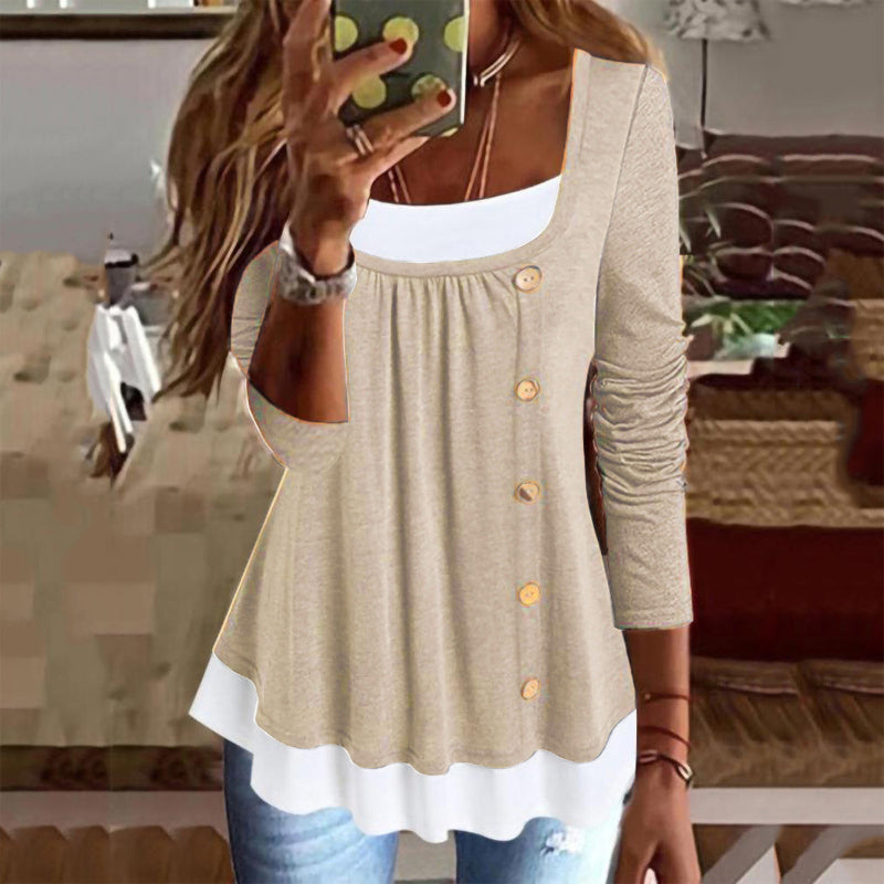 Round Neck Long Sleeve Color Block Button T-Shirt