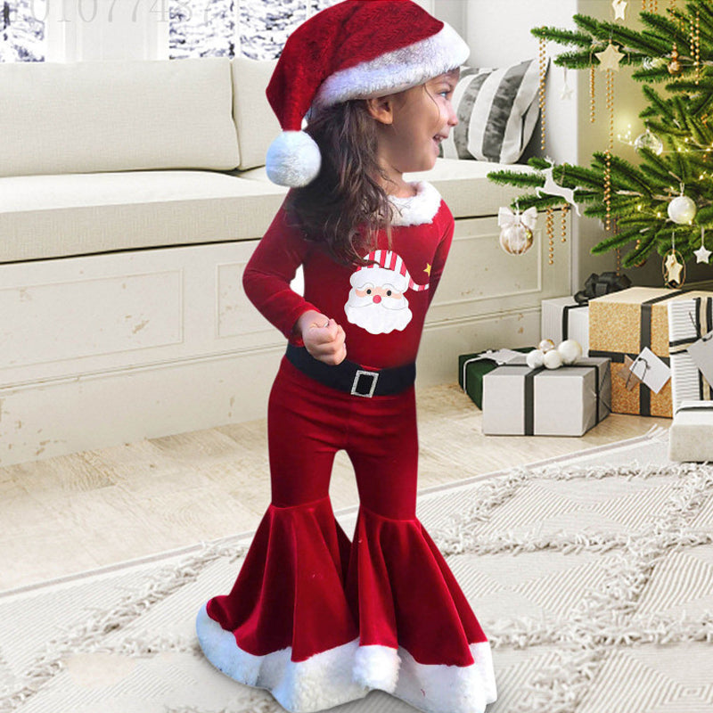 3 piece set of teddy top and flare pants in cute red velvet with Christmas theme