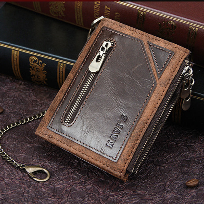 Vintage RFID PU Leather Bifold Coin Wallet With Chain